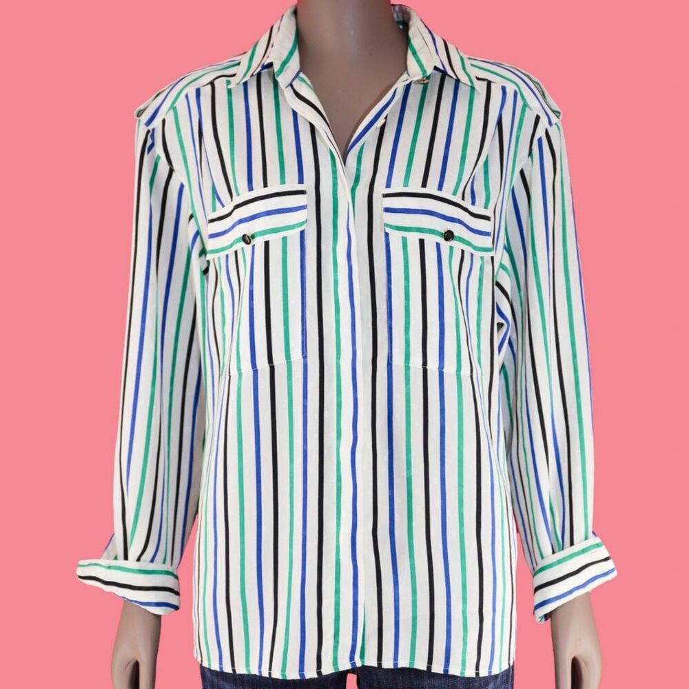 Vintage 80s Button Down Blouse Classic Long Sleeve Shirt Size‎ M